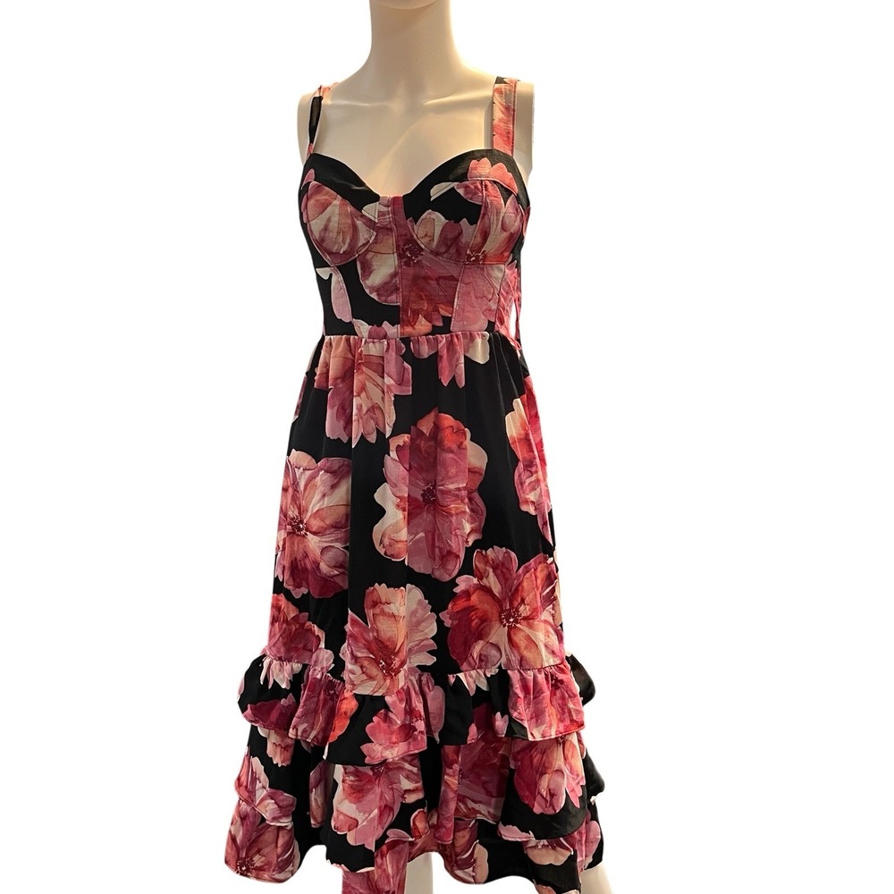 Black Pink Floral Babydoll Dress Smocked Tiered Ruffled Midi S Feminine Hoco